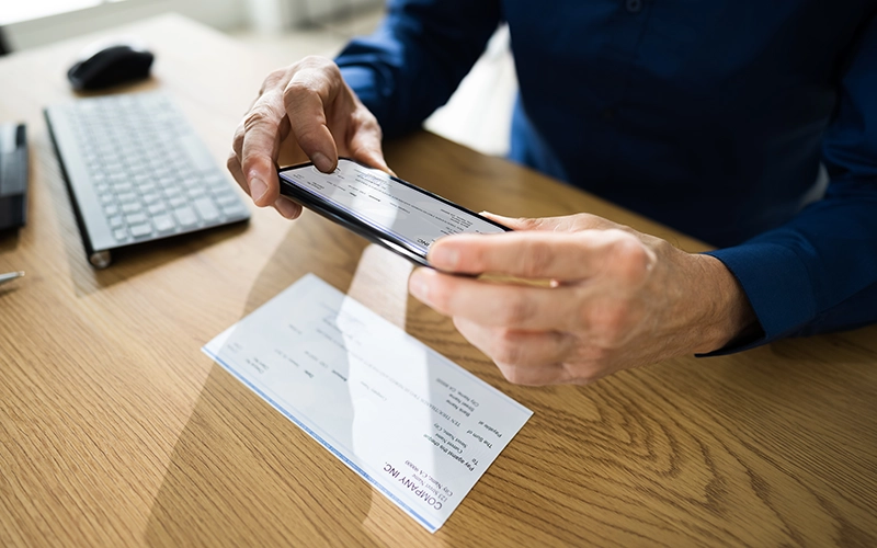 Image of person using mobile deposit app on phone